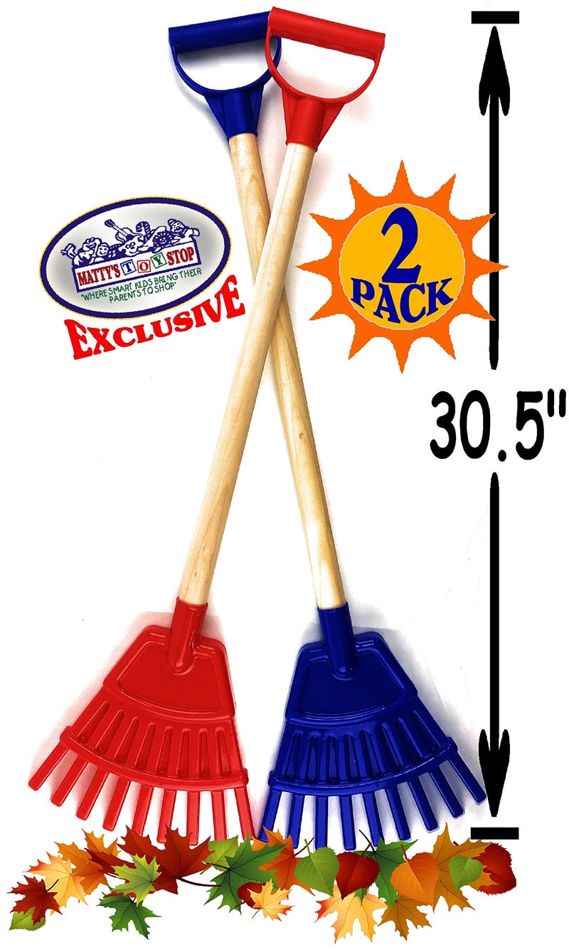 Matty's Toy Stop 30.5" Heavy Duty Wooden Kids Lawn Rakes with Plastic Rake Head & Handle (Red & Blue) Gift Set Bundle - 2 Pack - Image 2